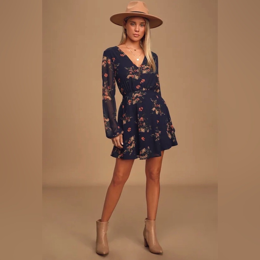 Lulus Always Yours Navy Blue Floral Print Long Sleeve Skater Dress